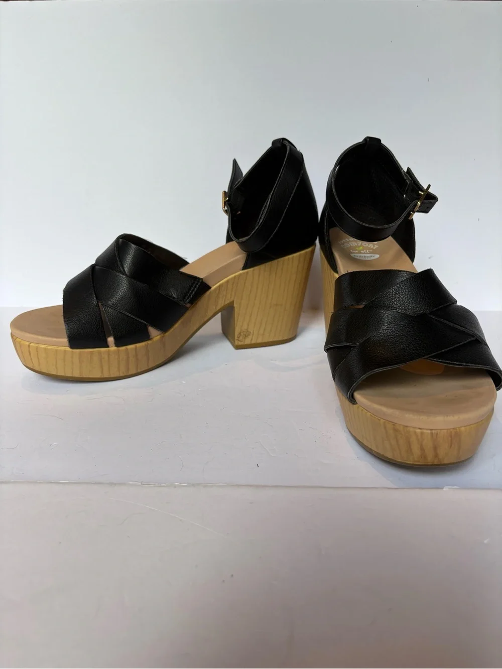 Dr. Scholls Women's Black Faux-Leather Platform Sandals with Ankle Strap Size 8.